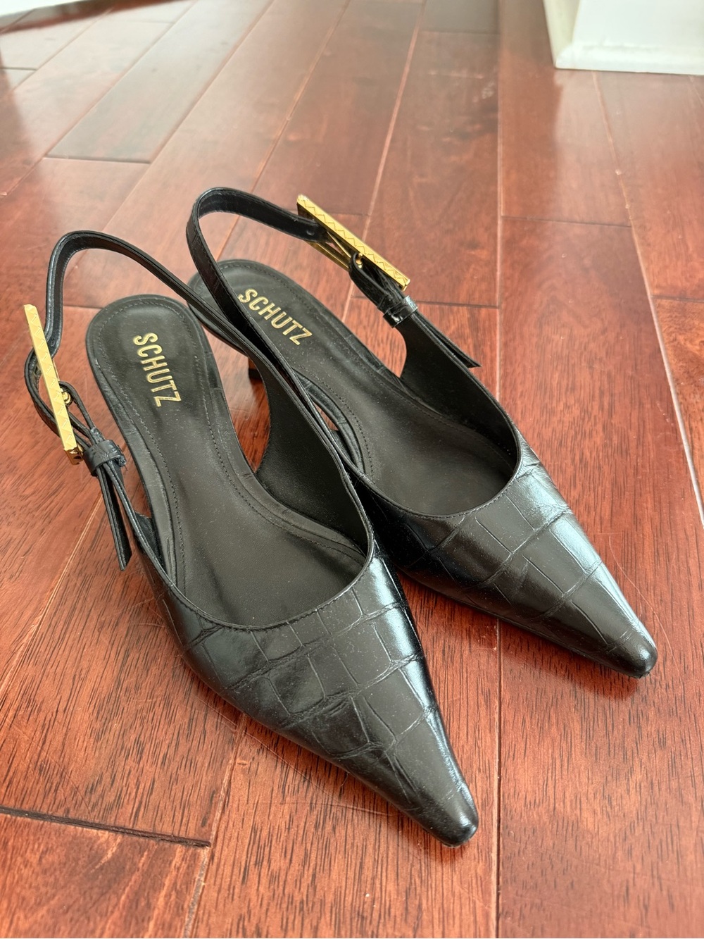 SCHUTZ Black Croc-Embossed Pointed Slingback Heels with Gold Buckle
